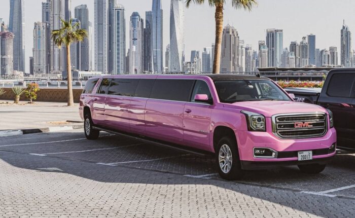 Pink GMC Limousine Ride for Dubai Events