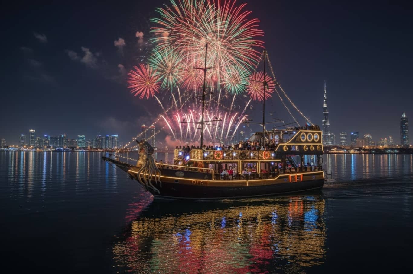 Dubai Canal Pirate Ship Dinner Cruise Fireworks