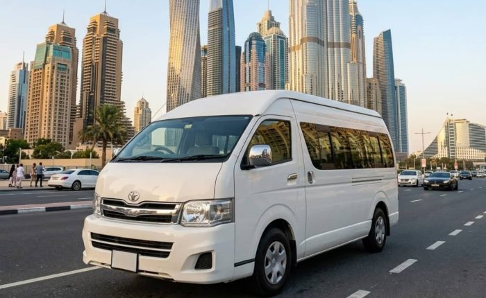 15 Seater Toyota Hiace Van Rental Dubai exterior view for group travel