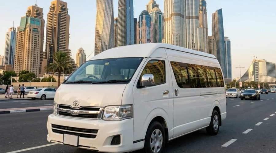 15 Seater Toyota Hiace Van Rental Dubai exterior view for group travel