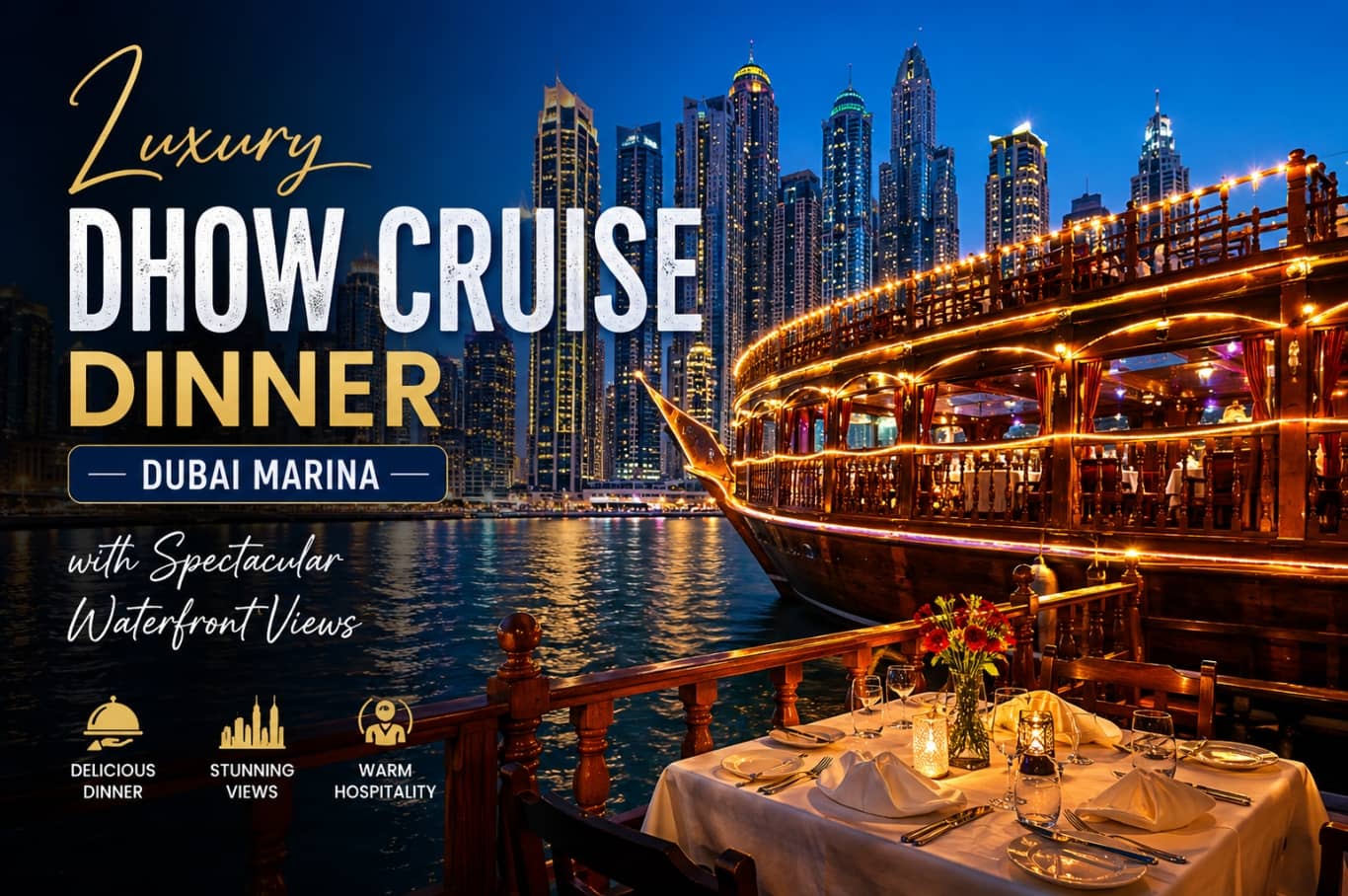 Luxury Dhow Cruise Dinner Dubai Marina with Spectacular Waterfront Views