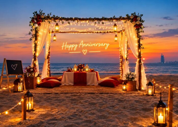 Anniversary Desert Dinner Dubai with a romantic private dining setup