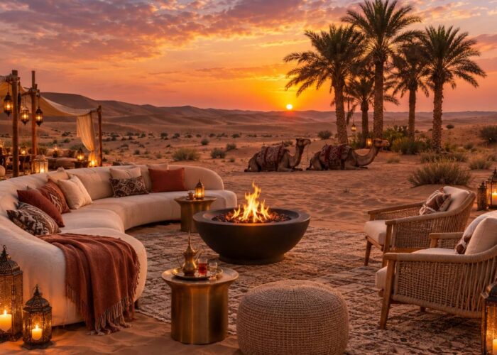Luxury Desert Dinner Dubai featuring a private table under the stars