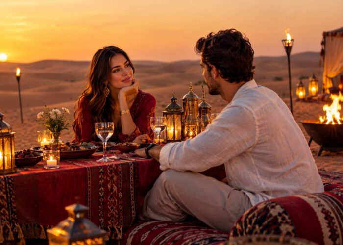 Romantic Desert Dinner Dubai with a candlelit table in the desert