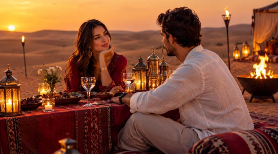 Romantic Desert Dinner Dubai with a candlelit table in the desert